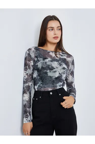 Women Graphic Print Mesh Long Sleeve Top