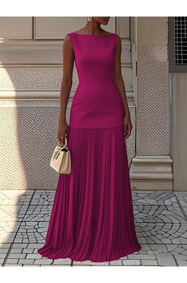 Sleeveless Gauze Pleated Solid Color Split-Joint Boat Neck Evening Dresses Maxi Dresses