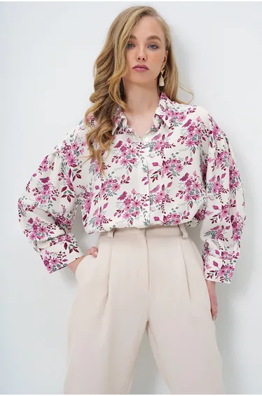 Women's Pink Floral Balloon Sleeve Patterned Printed Viscon Woven Shirt