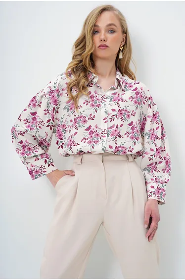 Women's Pink Floral Balloon Sleeve Patterned Printed Viscon Woven Shirt