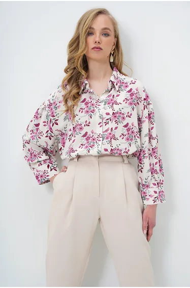 Women's Pink Floral Balloon Sleeve Patterned Printed Viscon Woven Shirt