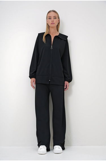 Women's Black Polo Collar Zippered Jacket and Trousers Set