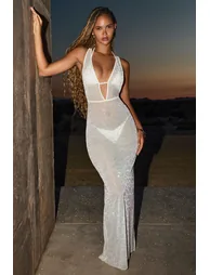 Embellished Backless Maxi Dress in White
