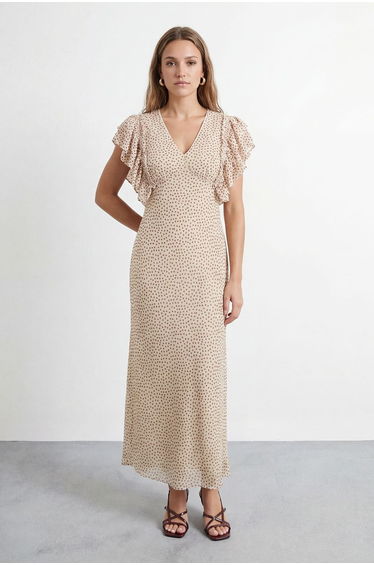 Petite Spot Print Ruffled Sleeve V Neck Maxi Dress