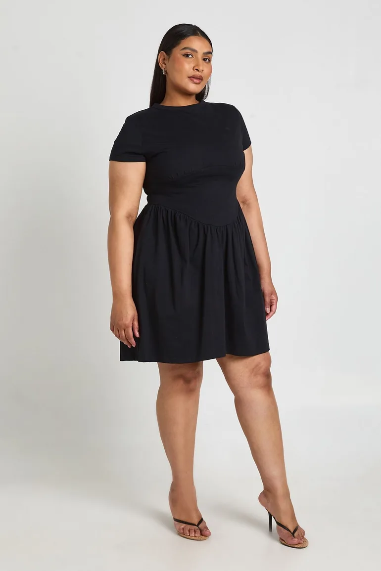 black skater dress plus size Final Sale Plus Size Long Sleeve Faux Wrap Skater Dress in Vegan Liquid Black