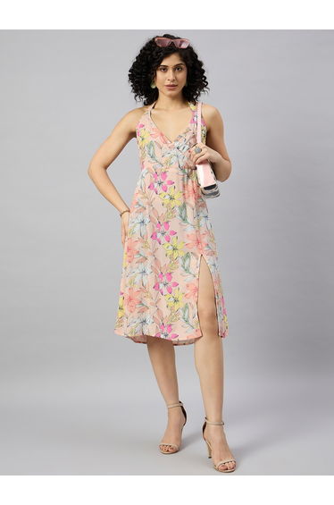 Floral Knee Length Dress with Slit Hem