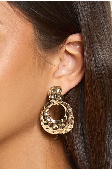 Oversized Hammered Door Knocker Earrings - gold