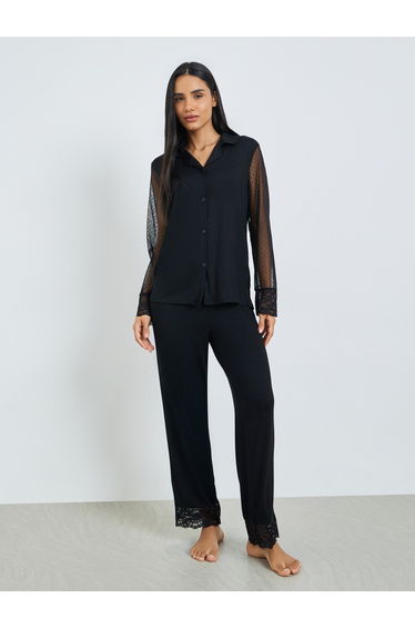 Black Lace Trim Shirt and Pyjama Set