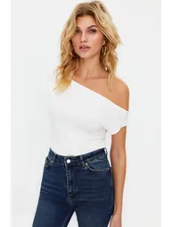 Ecru Boat Neck Fitted Viscose/Soft Fabric Stretchy Knitted Blouse - 1