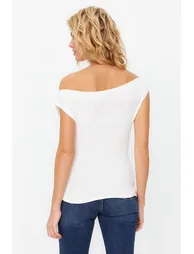 Ecru Boat Neck Fitted Viscose/Soft Fabric Stretchy Knitted Blouse - 5