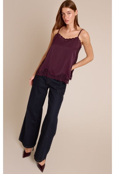 Dark Plum Woven Lace Trim Detail Strappy Cami Top