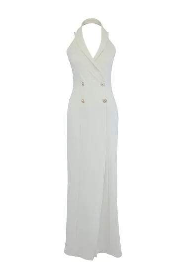 Ecru Plain Buttoned Woven Finike Maxi Evening Dress & Graduation Dress