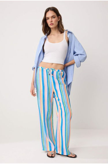 Multi-Colored Elastic Waist Colorful Striped Wide Leg Pants