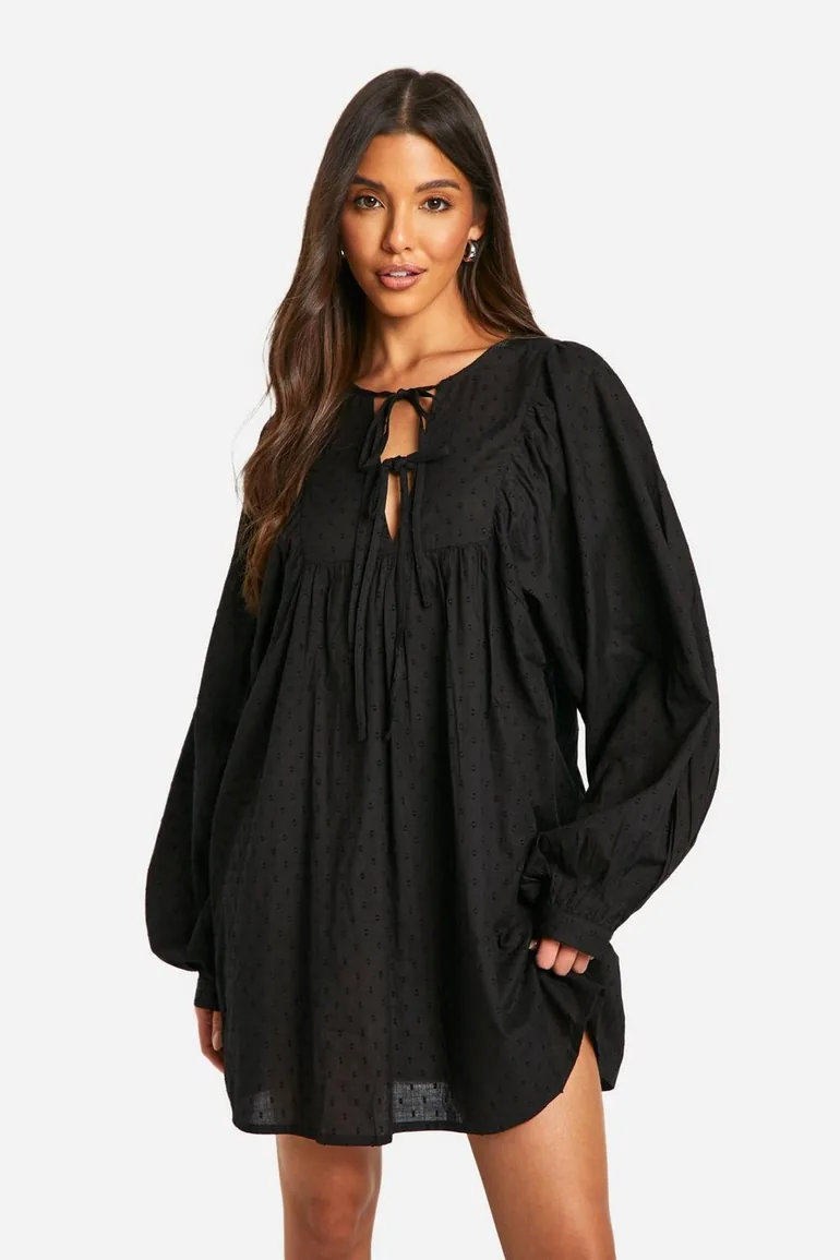 Cotton Dobby Smock Dress - black - 1
