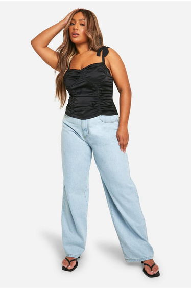 Plus Tie Shoulder Ruched Body Corset Top - black