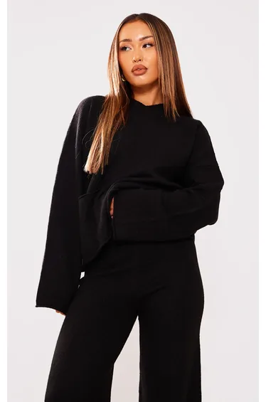 Petite Black Luxe Knit Pocket Hooded Jumper