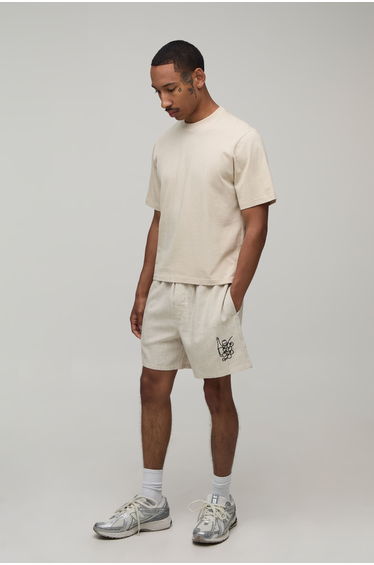 Relaxed Fit Linen Blend Boxer Style Embroidered Short - natural