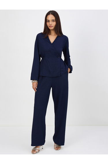 Women Navy Blue Textured Wrap Top with Pants Co-Ord