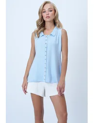 Women's Blue Polo Collar Gold Buttoned Knitwear Vest - 1