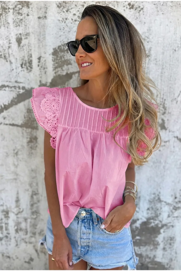 Lvness Lace Detail Flutter Sleeve Pleated Round Neck Blouse
