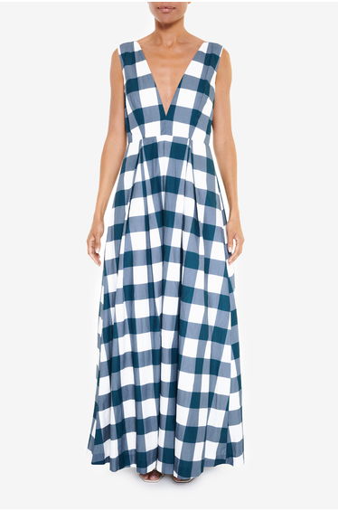 Louise Petrol Blue Check Plunging Back Maxi-Dress
