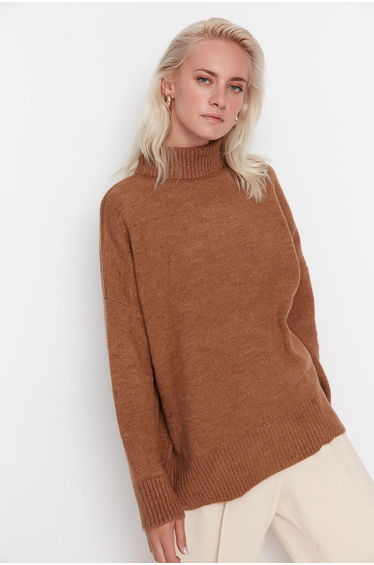 Light Brown Wide Fit, Soft Textured Standing Collar Knitwear Sweater