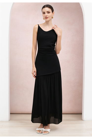 Mesh Panel Ruched Waist Sleeveless Maxi Dress in Black for Vacation Evenings & Cocktail Events