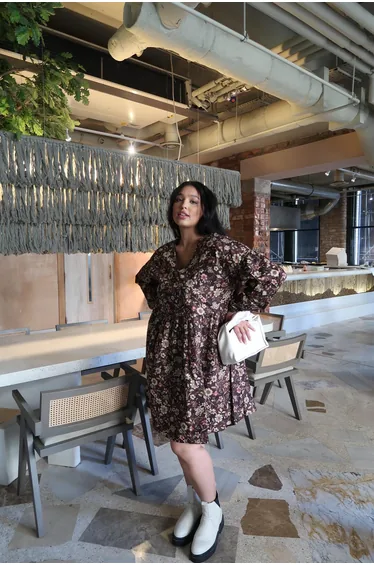 Brown floral midi Midi-Dress.