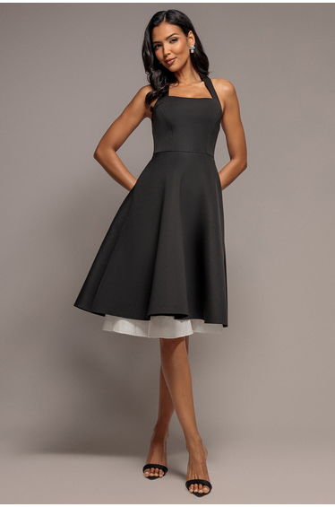 Contrast Organza Frill Bow Back Halter Midi Dress - Black Cream by Goddiva