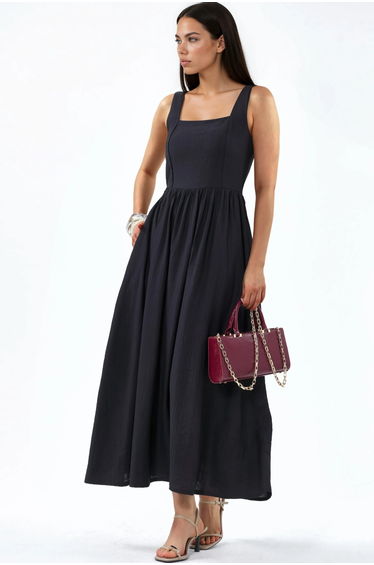 BUSEM Solid Midi Dress with Square Collar