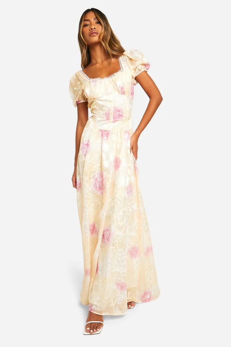 Shop Floral Jacquard Puff Sleeve Milkmaid Maxi Dress - yellow Online in Oman