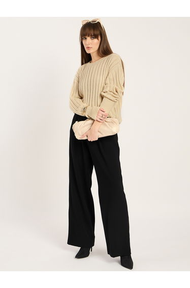 Beige Ribbed Knit Crew Neck Sweater