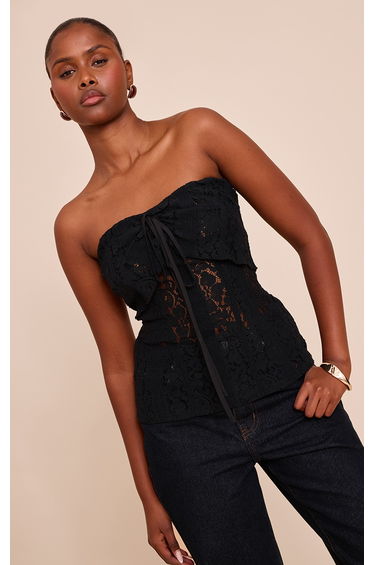 Black Fitted Lace Bandeau Longline Top