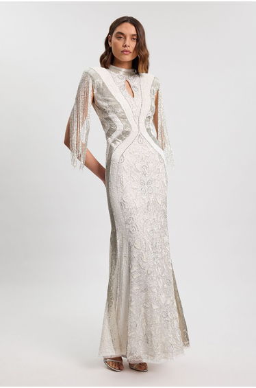 Premium Embellished Tassel Sleeve Woven Maxi Dress