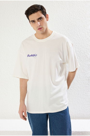 White Oversize/Wide Cut Lemon Printed 100% Cotton T-Shirt