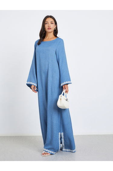 Women Blue Lace Trim Slit Hem Jalabiya