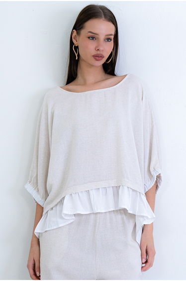 Ecru Boat Neck Woven Ruffled Linen Blouse with Tie Back Detail