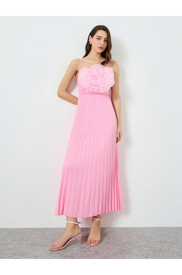 Women Pink Big Flower Detail Sleeveless Maxi Dress