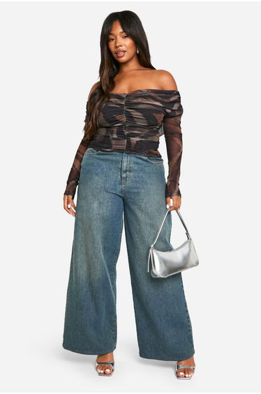 Plus Animal Ruched Front Bardot Long Sleeve Top