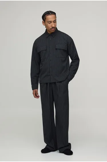 Pinstripe Oversized Shirt & Wide Leg Pleat Front Trouser Set - charcoal
