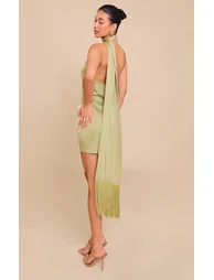 Olive Satin Wrap Fringe Detail Mini Dress - 2