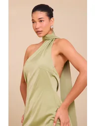 Olive Satin Wrap Fringe Detail Mini Dress - 3