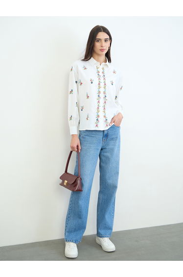 Off White Embroidered Cotton Shirt