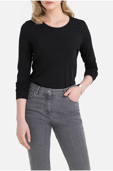 Plain Cotton Mix T-Shirt with Long Sleeves and Crew-Neck