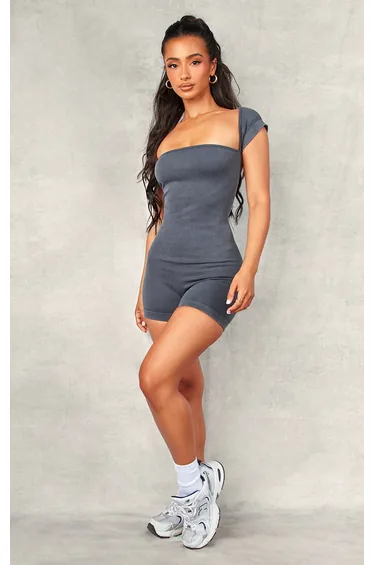 Petite Grey Contour Rib Cap Sleeve Square Neck Unitard