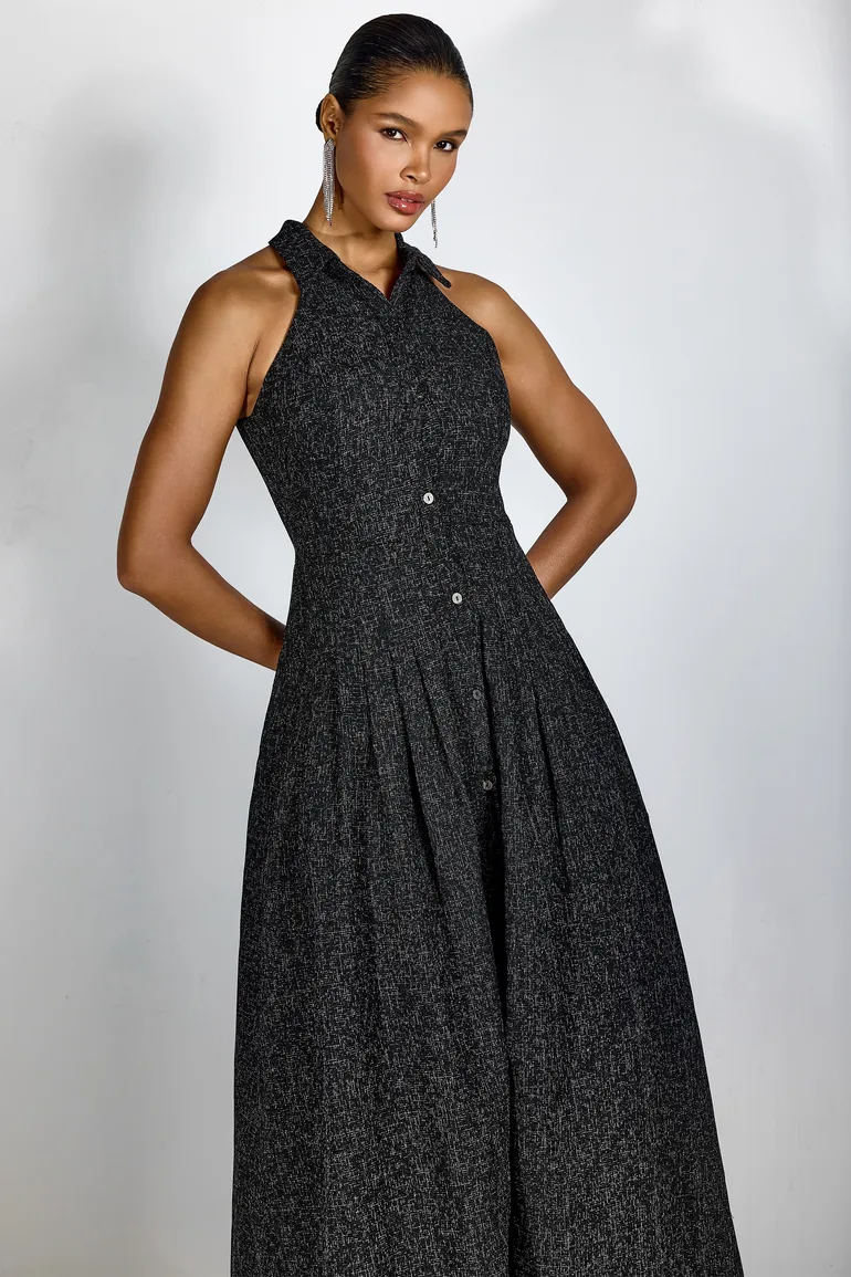 Alarice Shirt Collar Sleeveless Tweed Maxi Dress - 6
