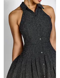 Alarice Shirt Collar Sleeveless Tweed Maxi Dress - 7