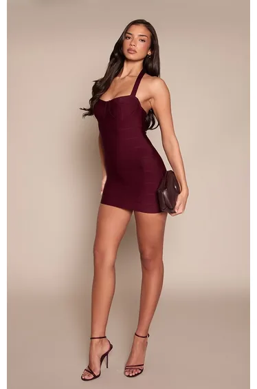 Plum Bandage Straight Neck Bodycon Mini Dress