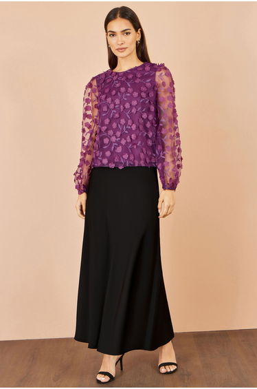 Yumi Plum Sheer Sleeve Applique Flower Top