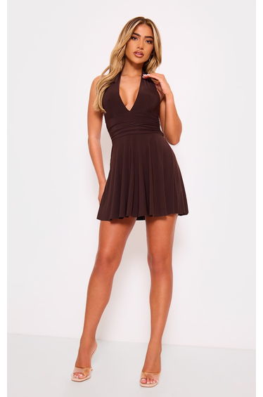 Chocolate Double Layer Slinky Halter Neck Tie Back Shift Dress